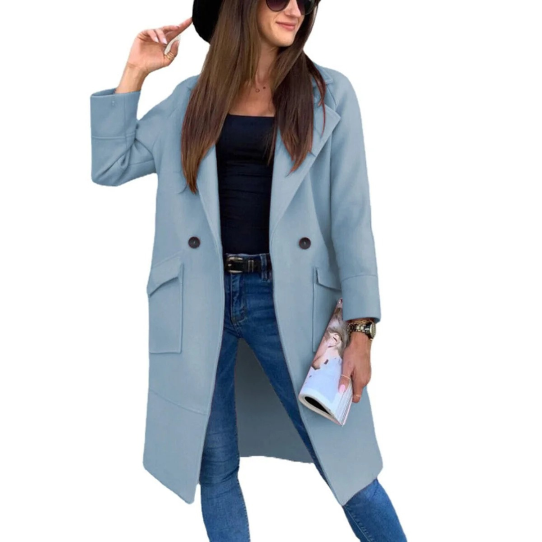 Long button front pocketed trench coat with a button design in Sky Blue