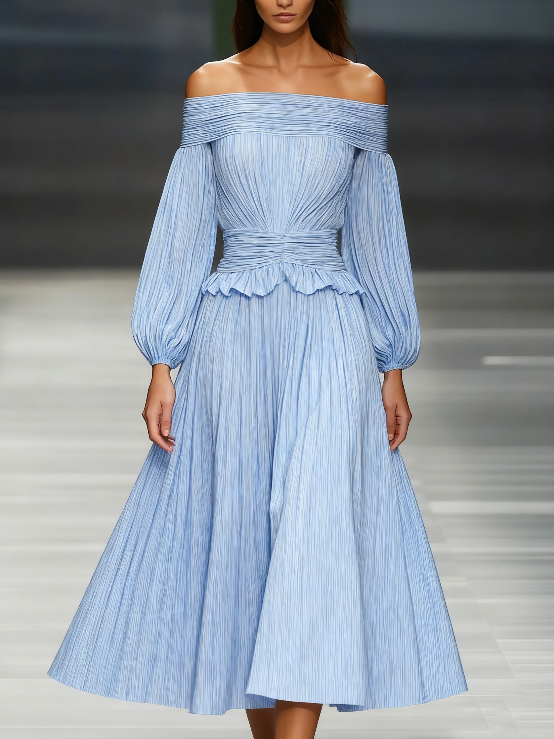 Off-Shoulder Long Sleeve Chiffon Maxi Dress