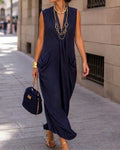 Sleeveless V-neck pocket shirred maxi dress, front view