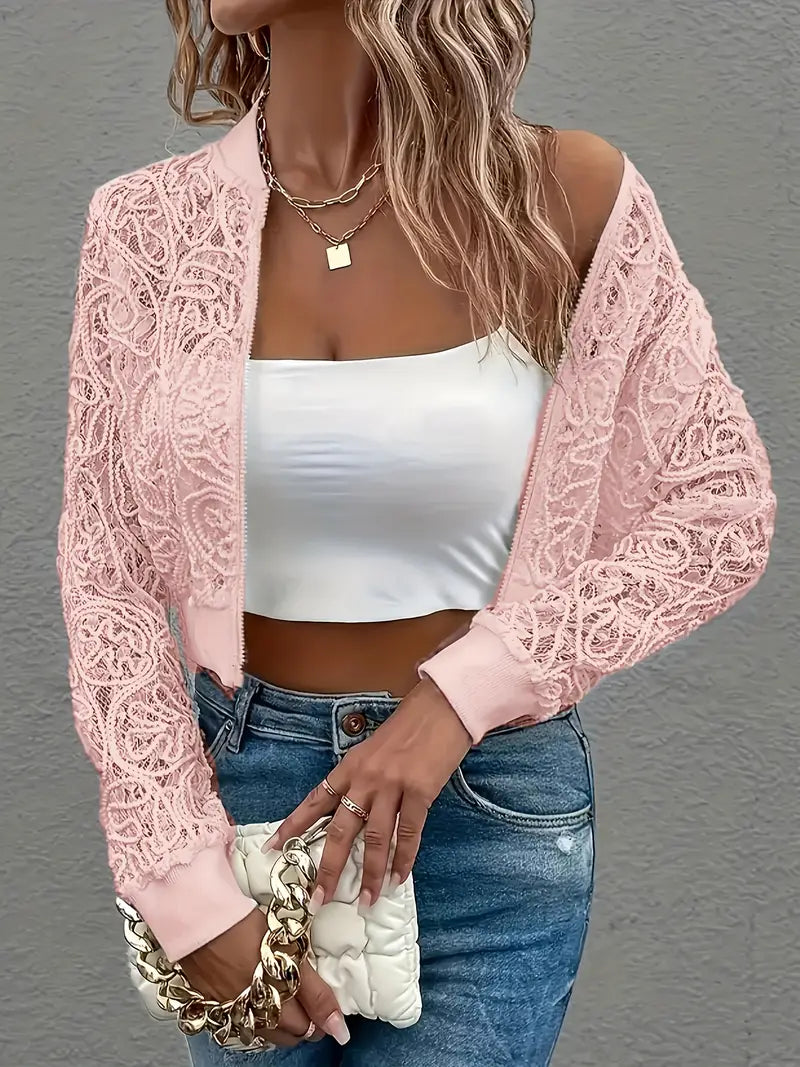 Women's lace bomber jacket with zip front, side profile view