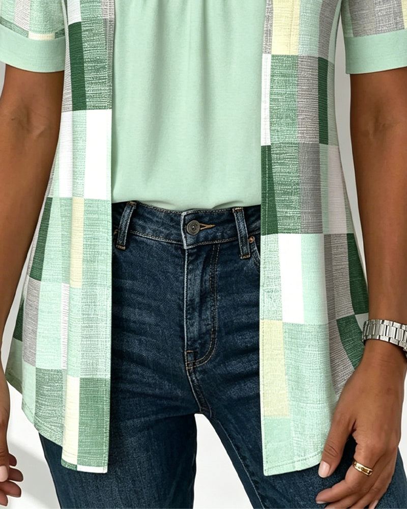 Geometric print V-neck top, side view