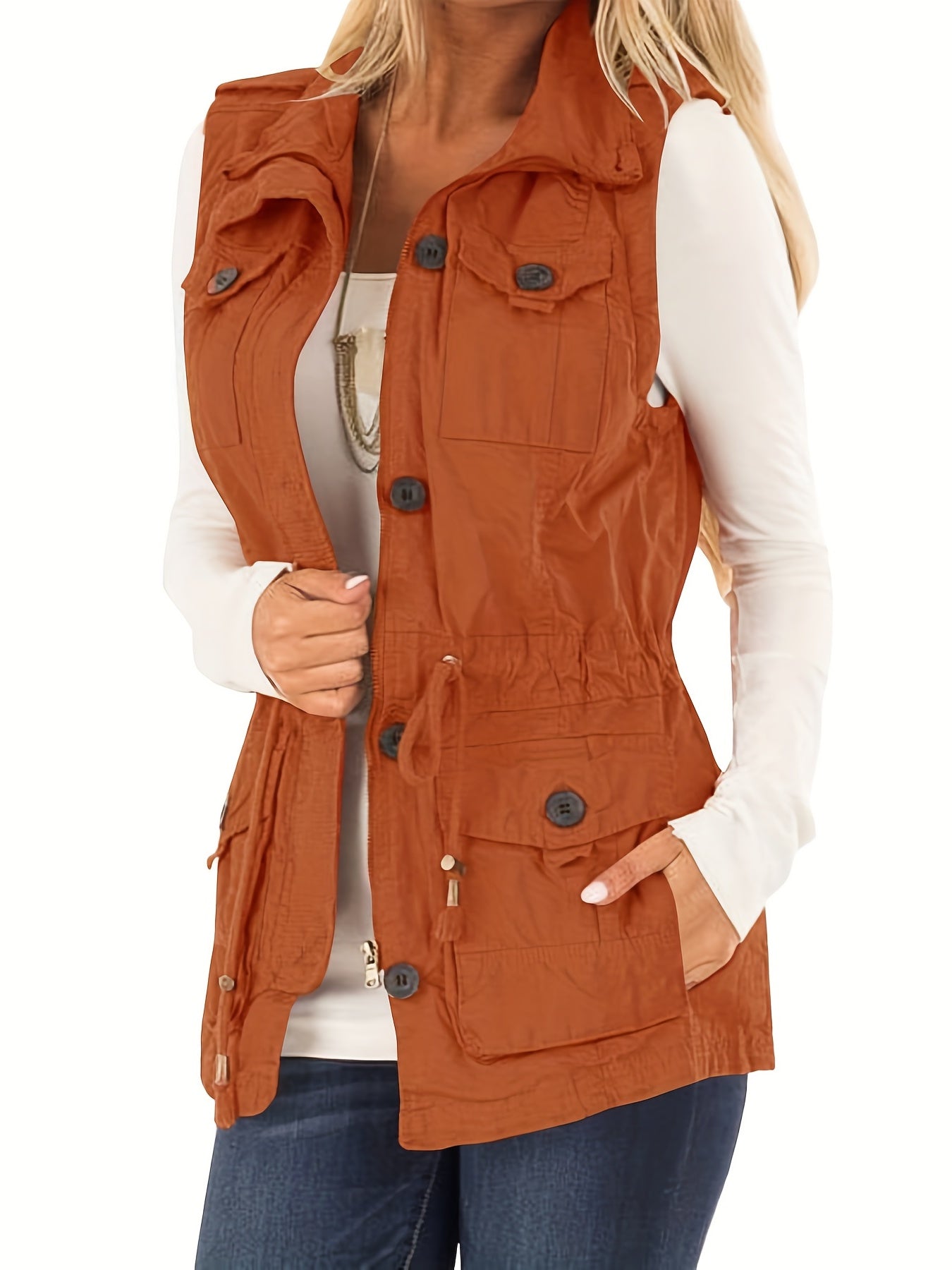 Khaki sleeveless drawstring vest jacket
