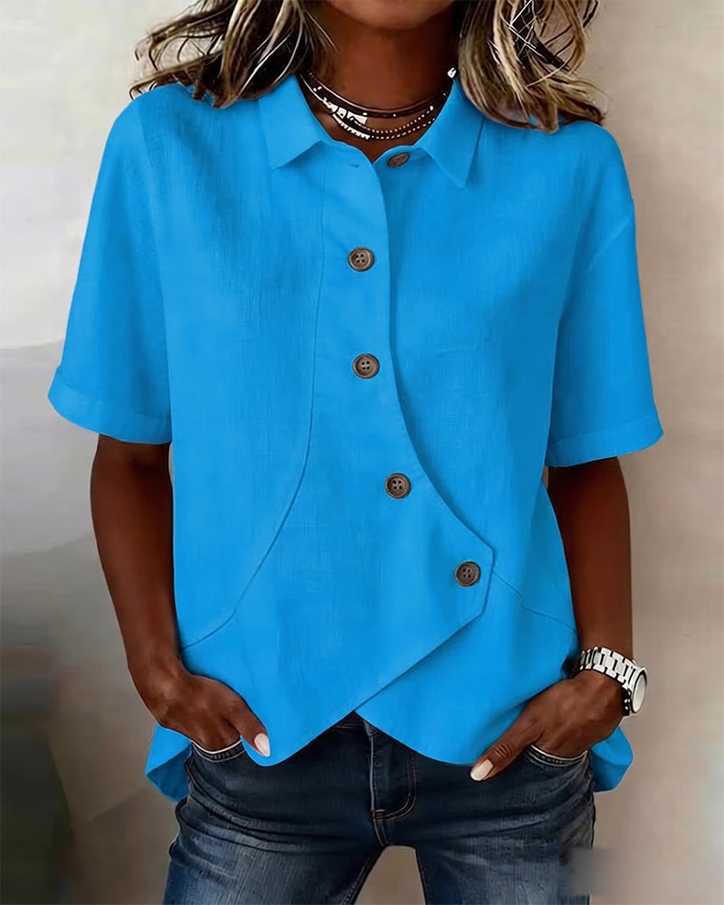 Asymmetrical Placket Button Down Cotton Linen Shirt
