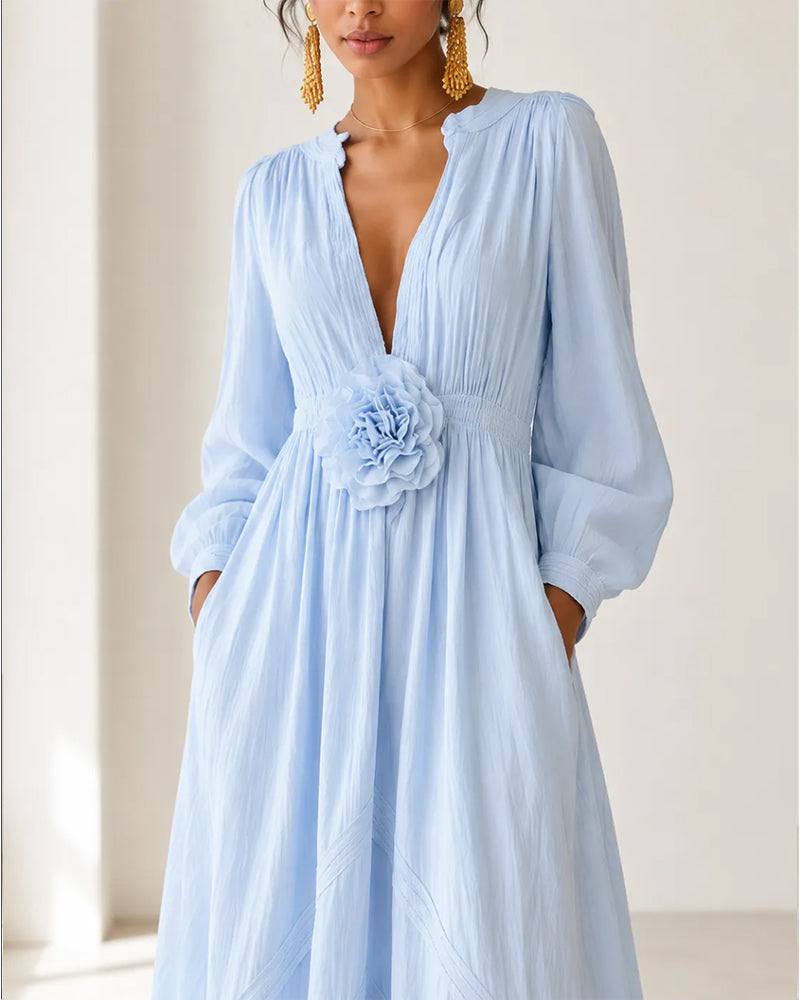Blue V-Neck 3D Floral Full Skirt Maxi Dress