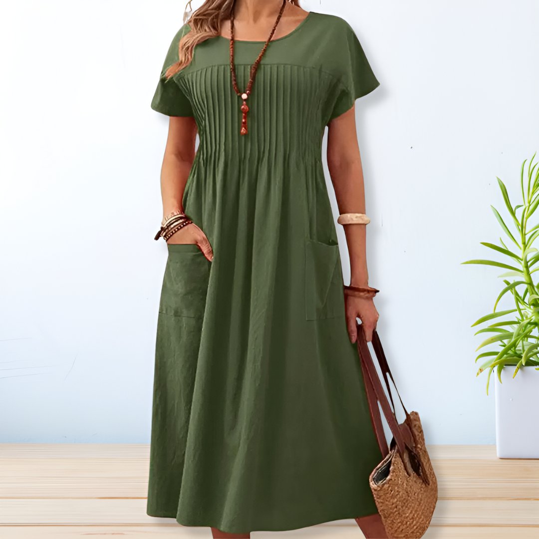 Relaxed Midi Dress with Pleated Front and Pockets