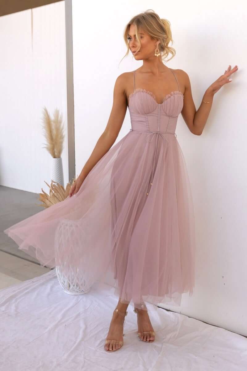 Corset midi dress with tulle skirt on model | Alba Muse