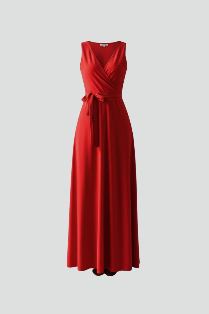 Red satin wrap wedding guest dress, front view