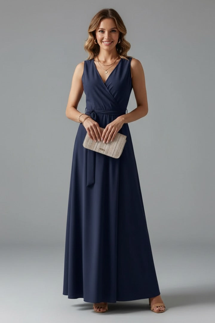 Satin Wrap Wedding Guest Dress – Front-Tie Maxi Gown