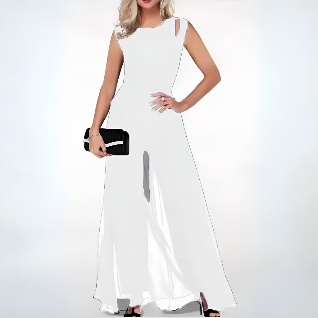 Women's Sheer Overlay Sleeveless Wide-Leg Jumpsuit styled look - Elegant Wedding Guest Jumpsuit