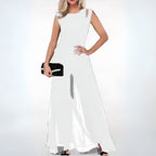 Women's Sheer Overlay Sleeveless Wide-Leg Jumpsuit styled look - Elegant Wedding Guest Jumpsuit