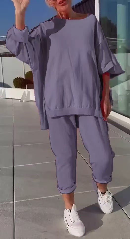 Purple oversized pullover and ankle pants, relaxed lounge style | Alba Muse