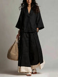 Cotton Linen V-Neck Three Quarter Sleeve Co-Ord Set