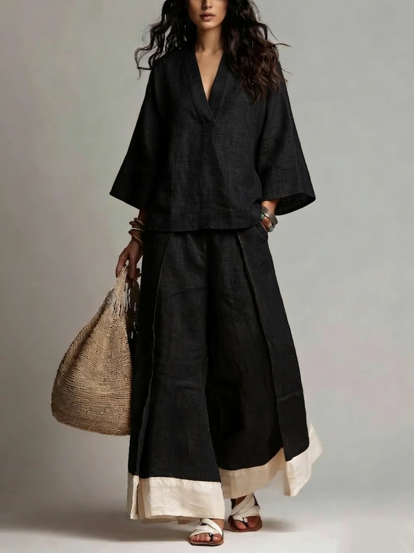 Cotton Linen V-Neck Three Quarter Sleeve Co-Ord Set