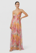 Women's floral chiffon maxi dress with watercolour blooms, front view