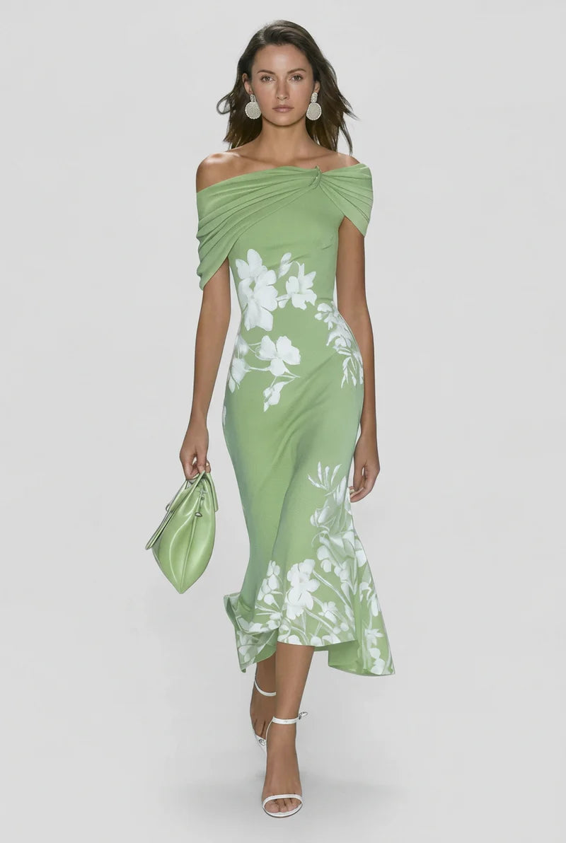 Women's off-shoulder floral print bodycon midi dress, front view