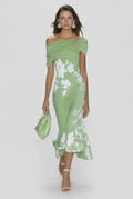 Women's off-shoulder floral print bodycon midi dress, front view