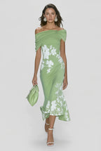 Women's off-shoulder floral print bodycon midi dress, front view