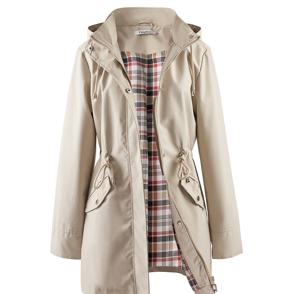 Hooded drawstring waist zip up coat with a zip up placket front in Khaki