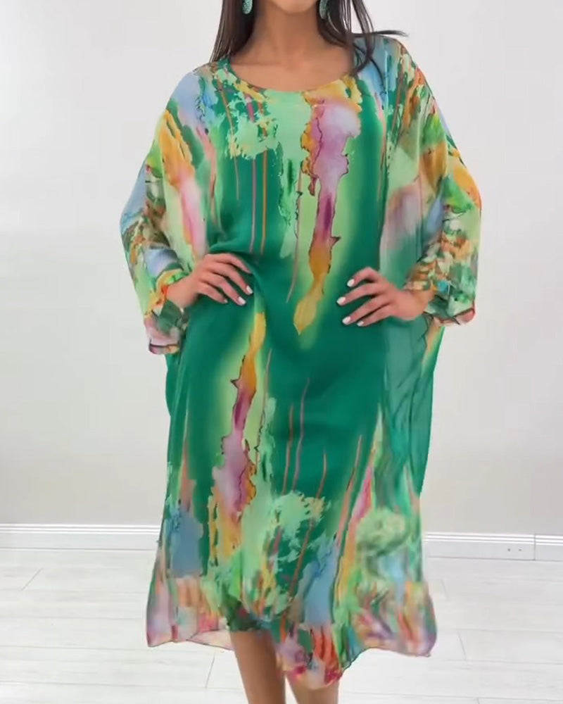 Smudged print batwing midi dress, detail view