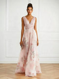 Elegant V-Neck Floral Print Tulle Maxi Dress