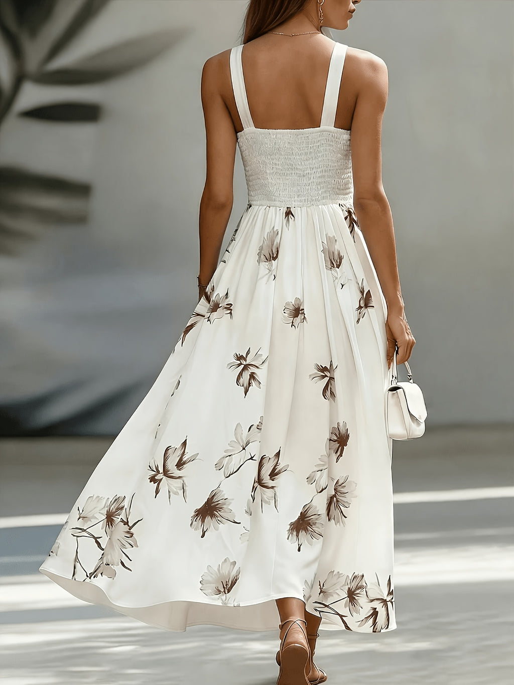 Shirred Geometric Print V-Neck Midi Dress