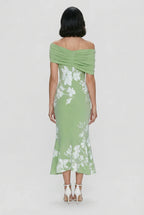 Women's off-shoulder floral print bodycon midi dress, side view