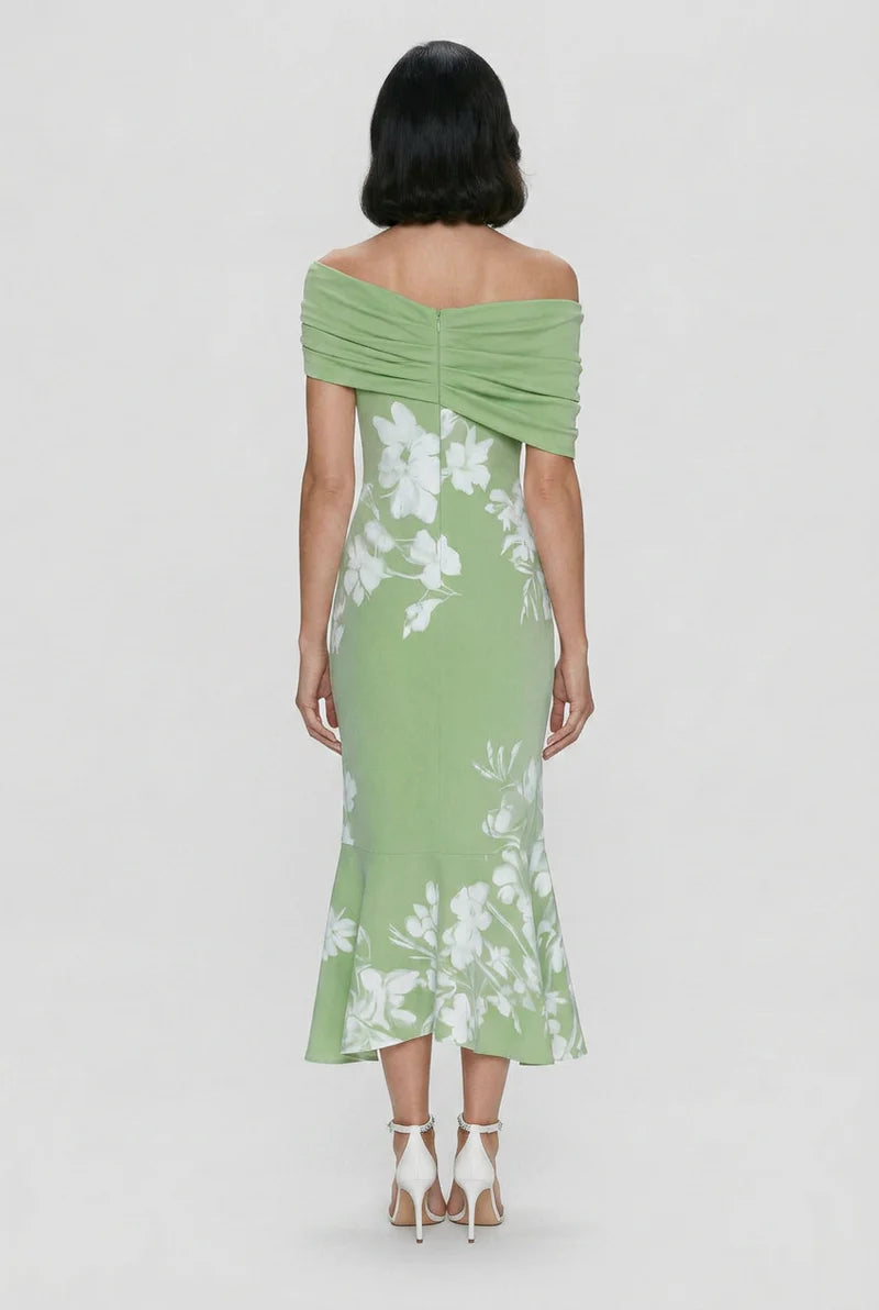Women's off-shoulder floral print bodycon midi dress, side view