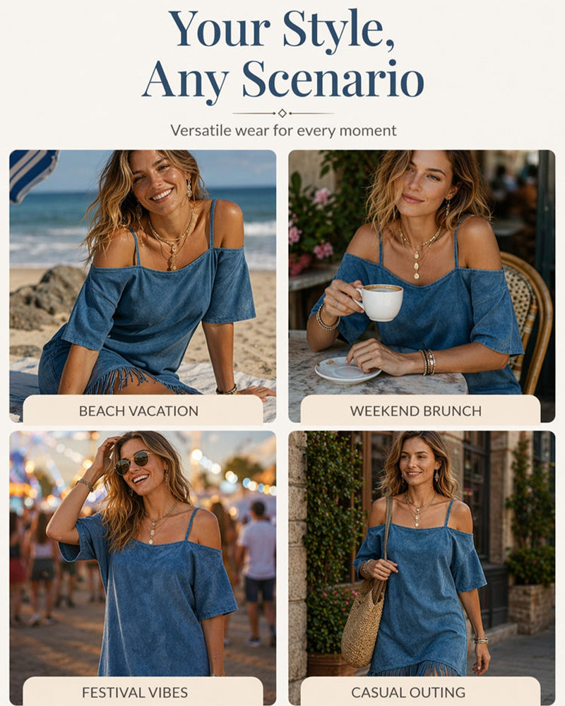 Blue Spaghetti Strap Off-Shoulder Fringe Maxi Dress