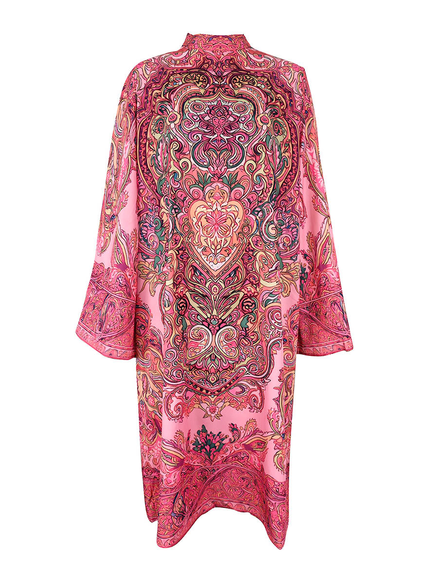 Pink contrast-print mock neck midi dress, back view