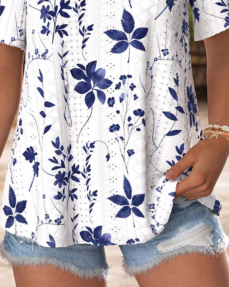 Strappy floral V-neck T-shirt, side view