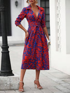 Women's elegant geometric print shirt dress styled for summer evening