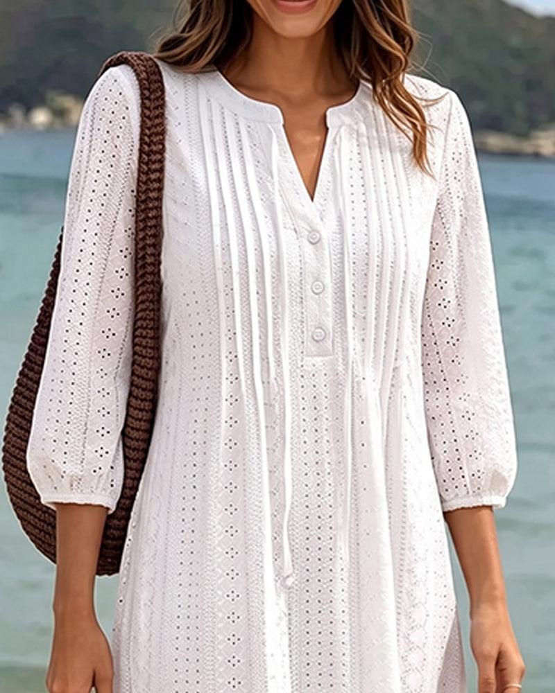 White Solid V-Neck Shirred Cutout Midi Dress