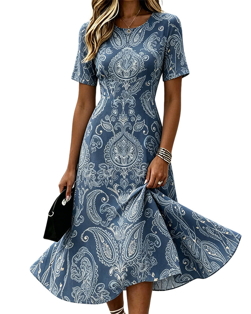 Printed short sleeve midi dress, full length view