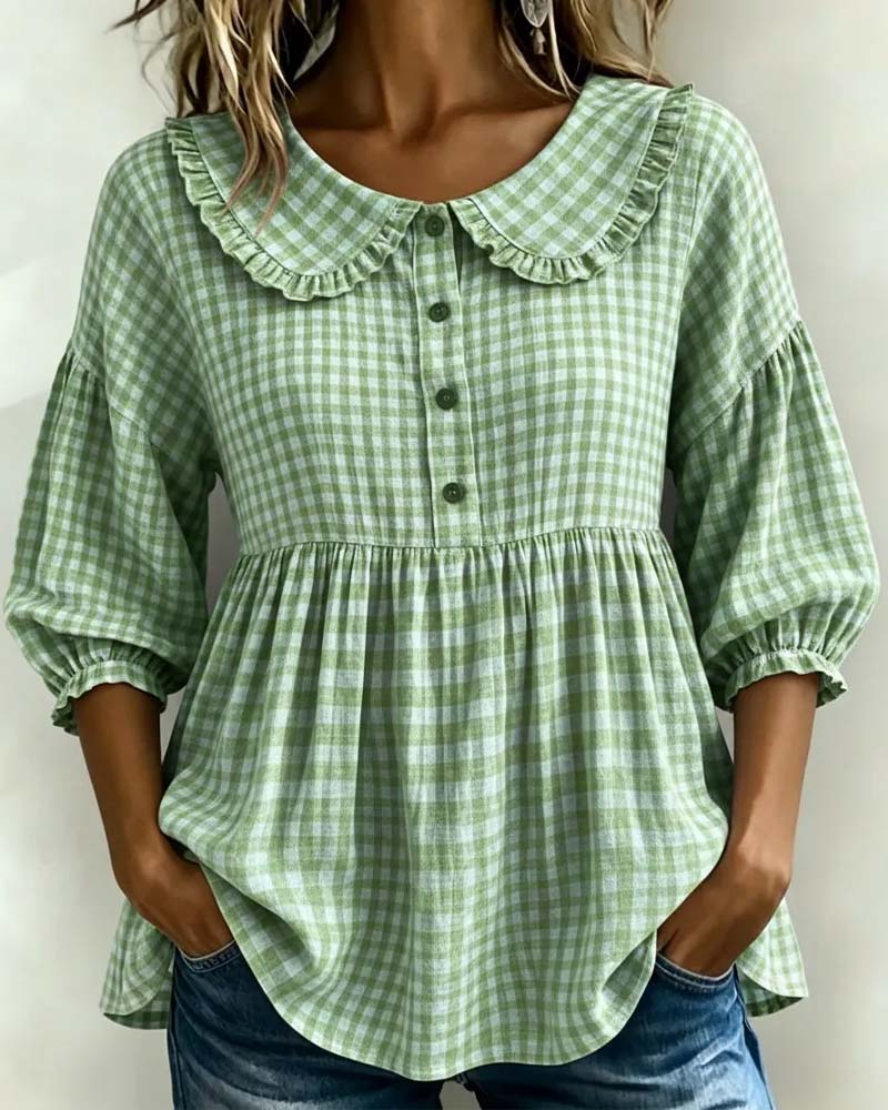 Plaid Peter Pan collar lantern sleeve blouse, front view