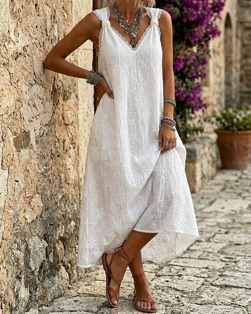 V-neck lace knotted midi dress, full length view