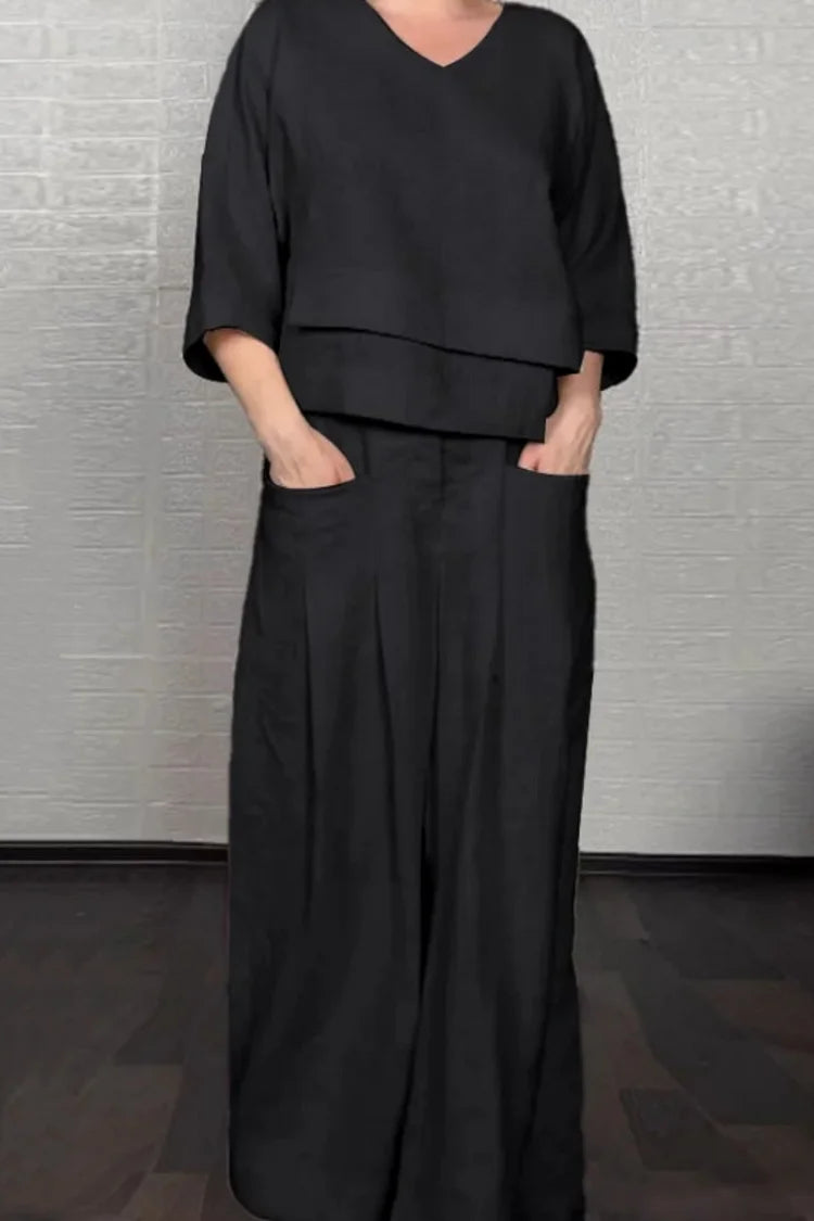 Minimalist co-ord set front view, matching top and trousers styled | Alba Muse
