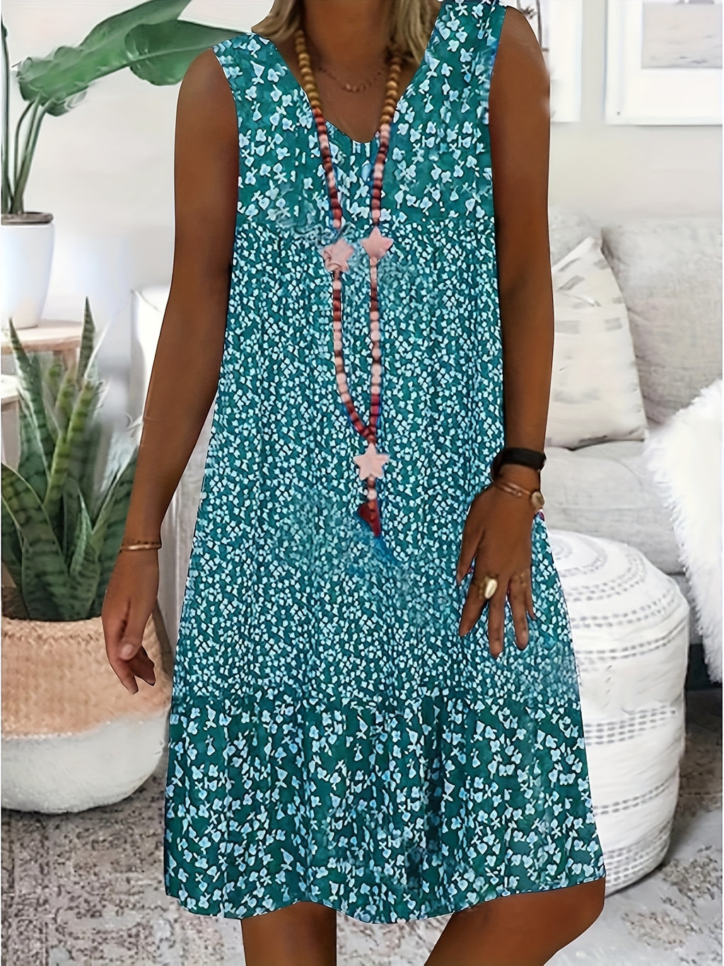 Directional print V-neck sleeveless summer midi dress | Alba Muse