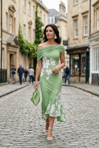 Women's off-shoulder floral bodycon midi dress, close up of floral print