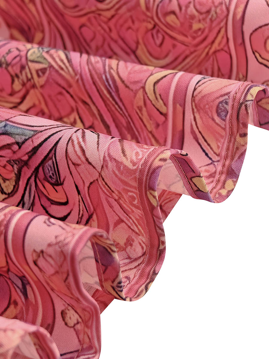 Contrast Print Mock Neck Midi Dress with Long Sleeves and Loose Fit