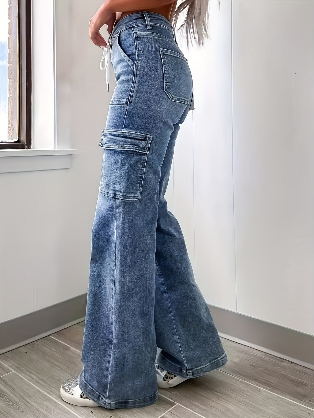 High-Waist Drawstring Cargo Jeans