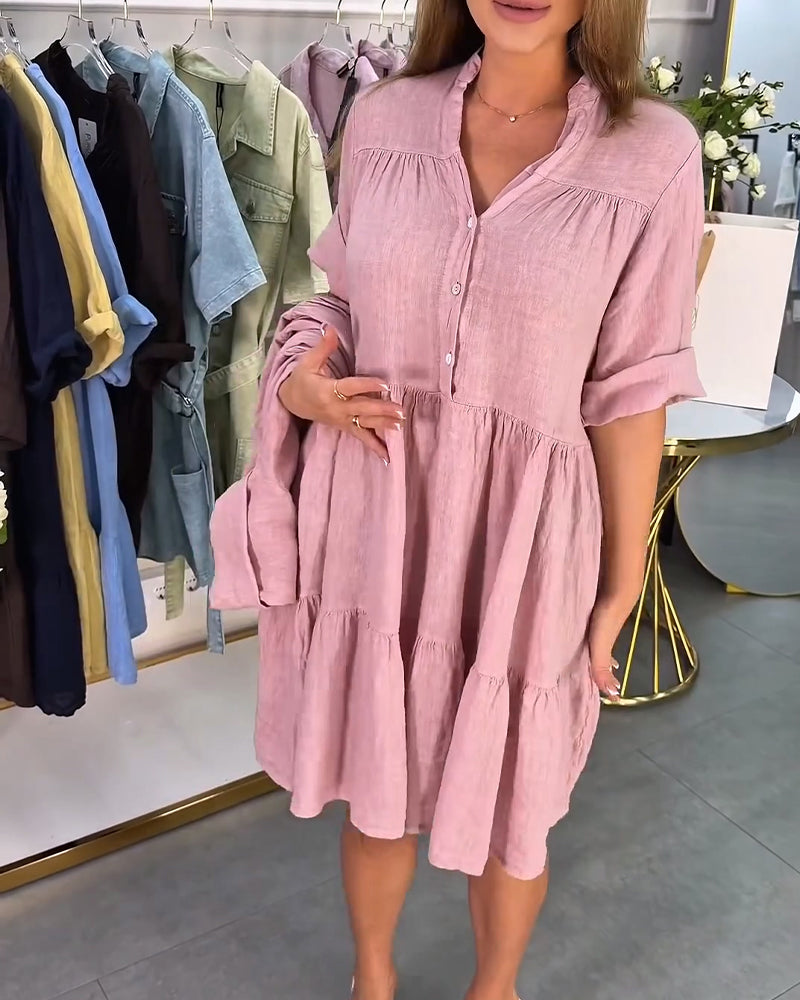 Pink Mandarin Collar Elegant Midi Dress — worn on model