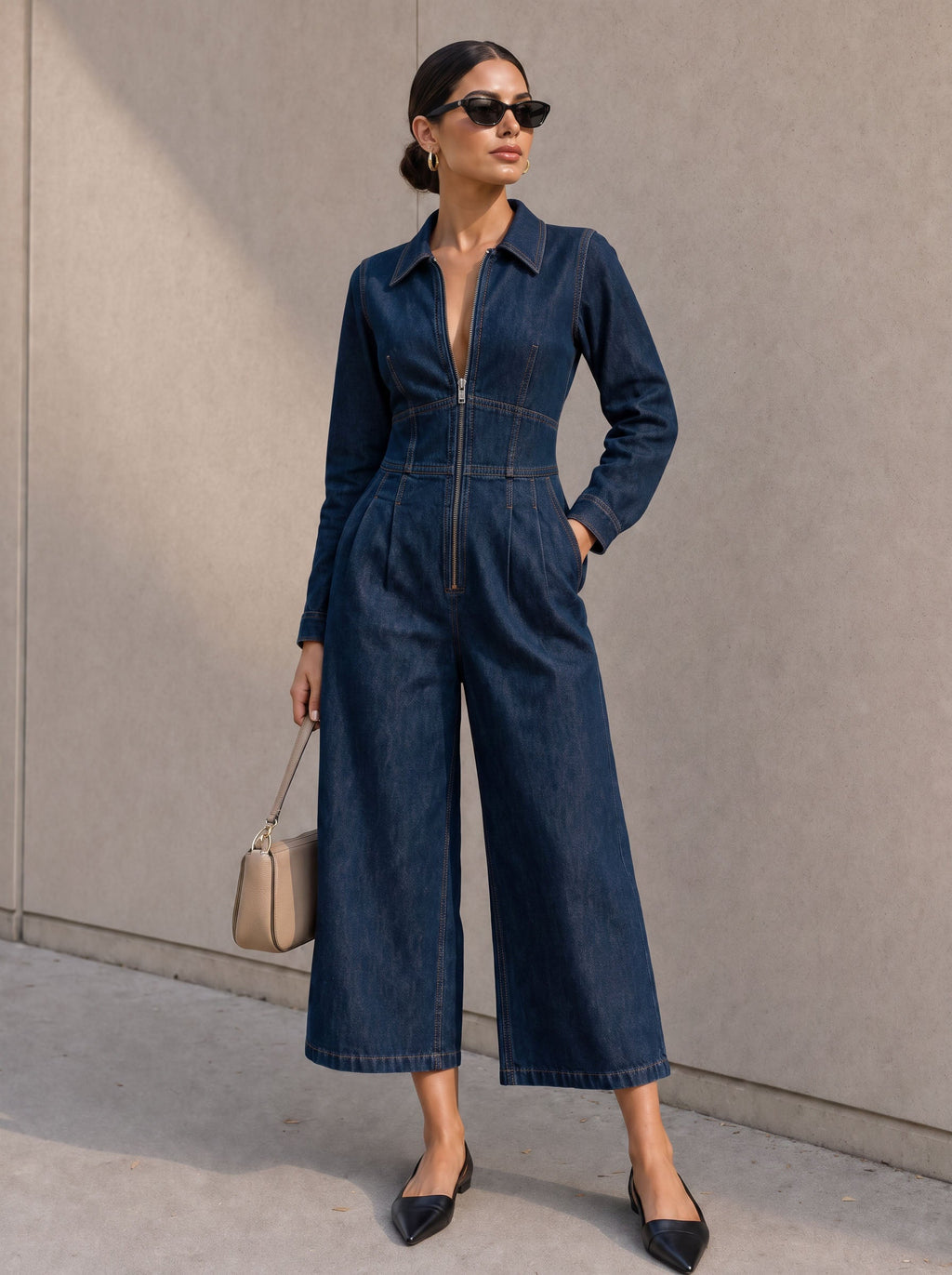 Cropped Denim-Blend Lapel Jumpsuit with Long Sleeves