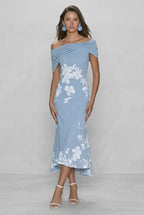 Women's off-shoulder floral print bodycon midi dress, model styled look