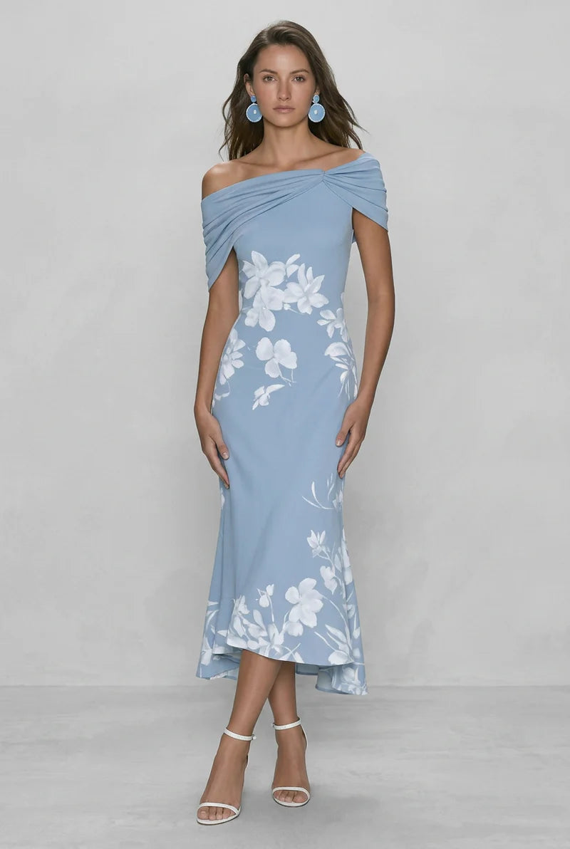 Women's off-shoulder floral print bodycon midi dress, model styled look