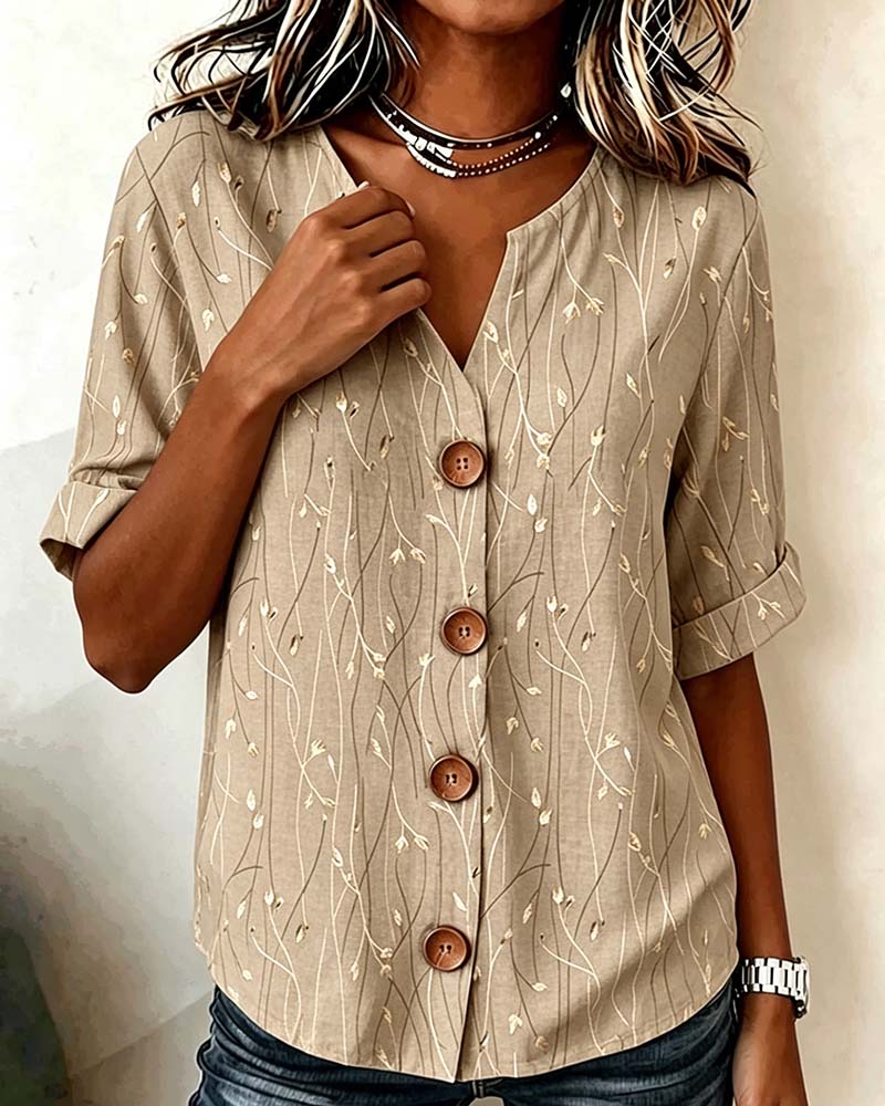 Print V-neck short sleeve blouse in khaki, styled view
