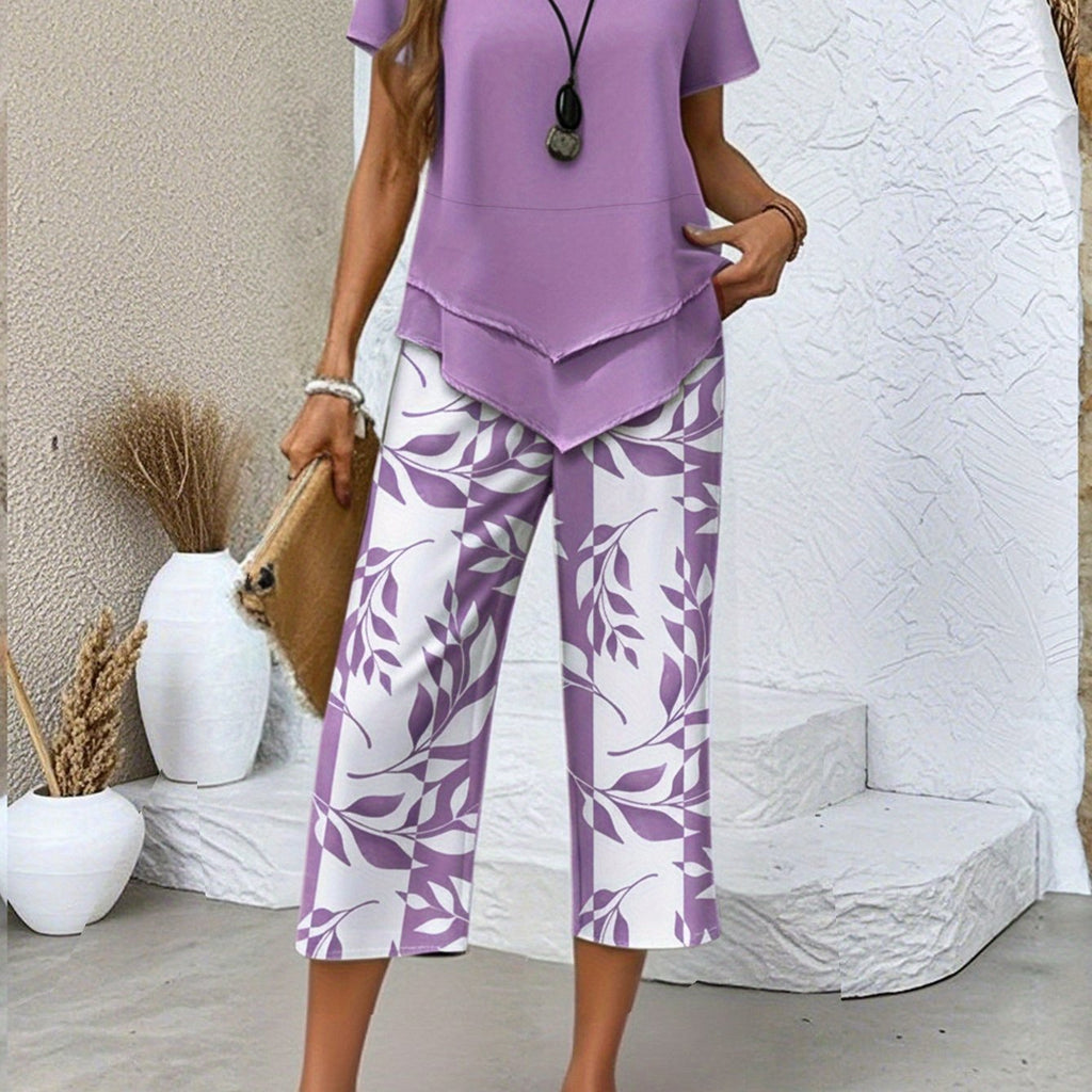 Solid Crop Top & Botanical Print Shorts Co-ord Set in Purple, model view