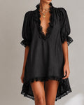 Lace patchwork asymmetrical half sleeve mini dress, front view