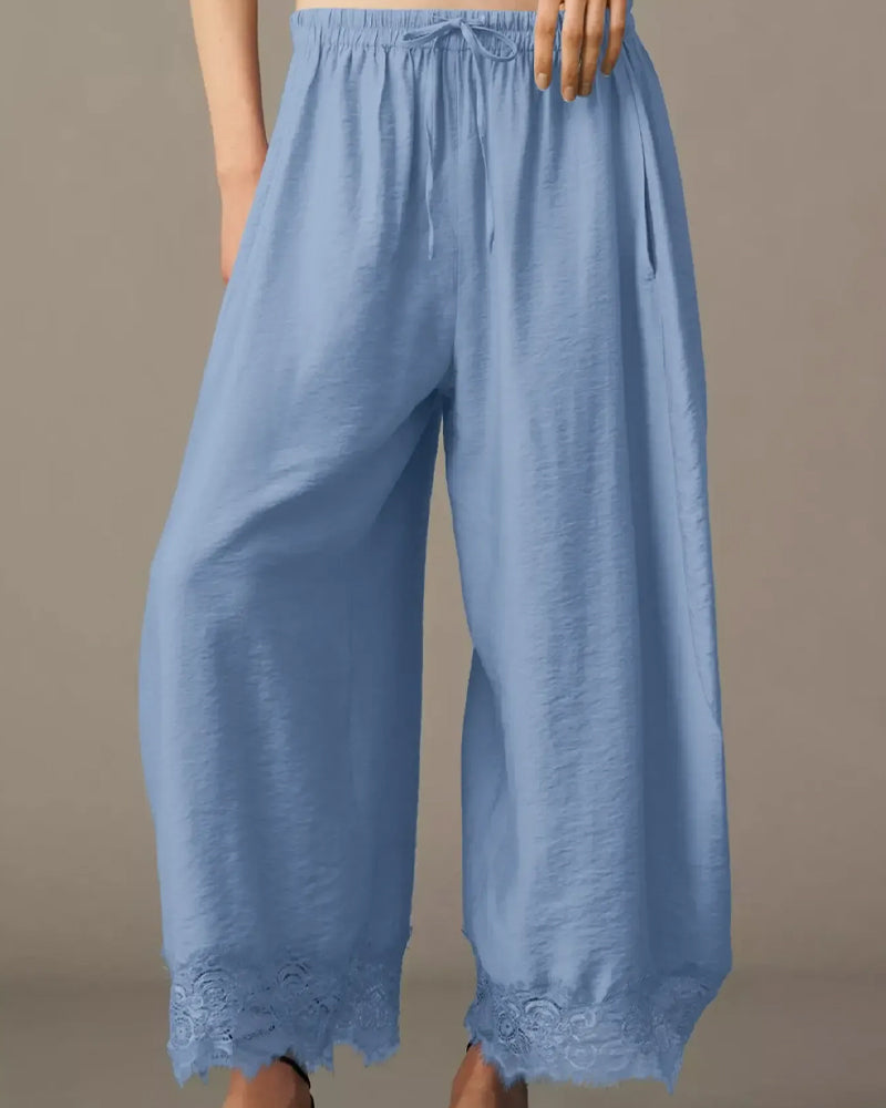 Elastic Waist Lace-Panel Casual Trousers