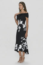 Women's off-shoulder floral print bodycon midi dress, full length view