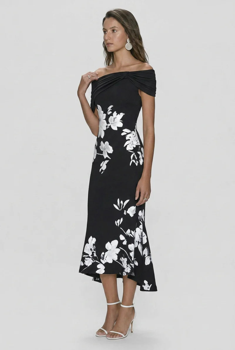 Women's off-shoulder floral print bodycon midi dress, full length view